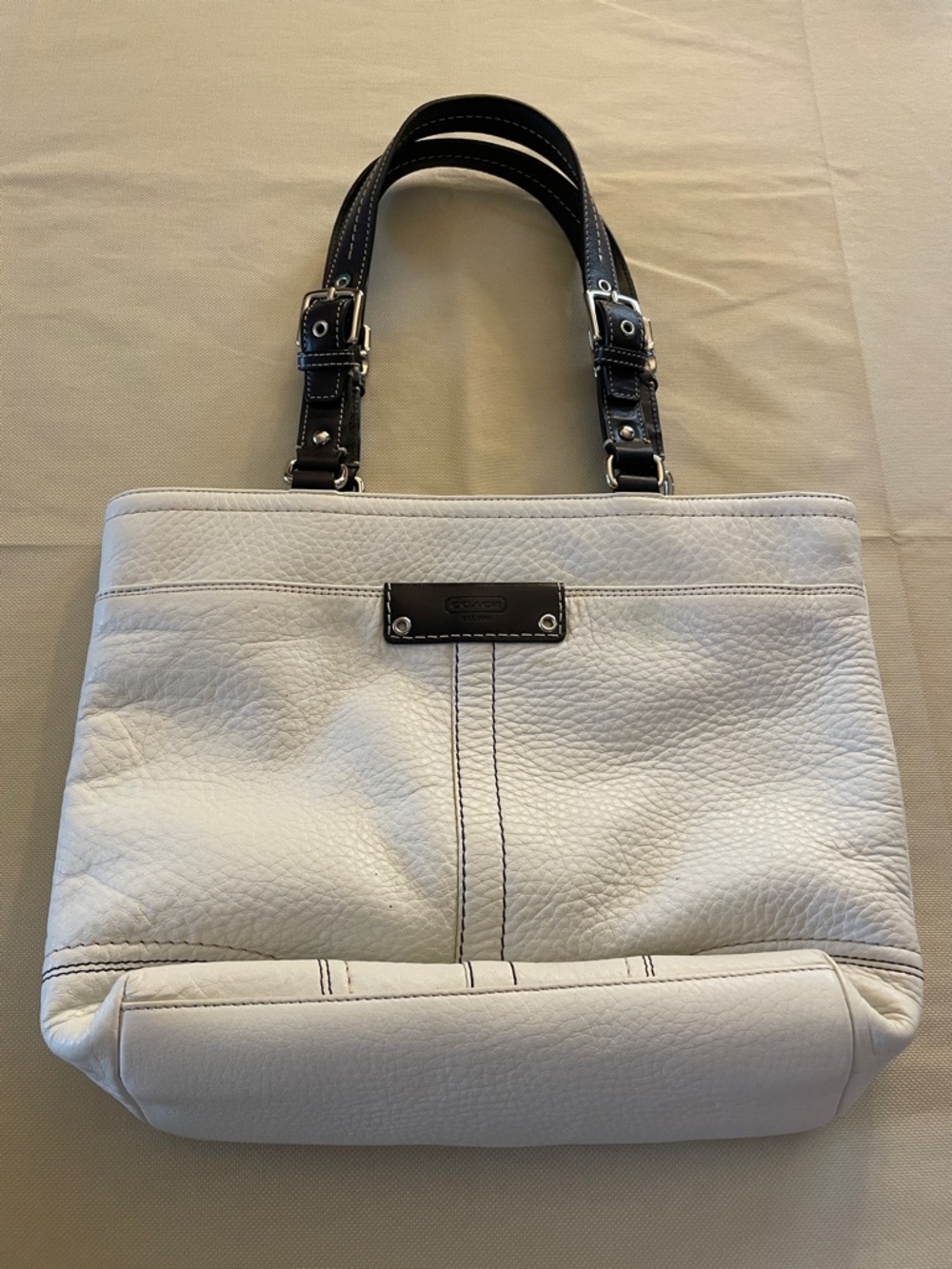 Coach White Leather Shoulder Tote with Black Handles